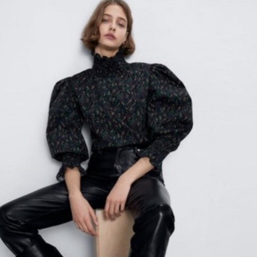 Zara Black Floral Puff-Sleeve High-Neck Blouse - Picture 2 of 10